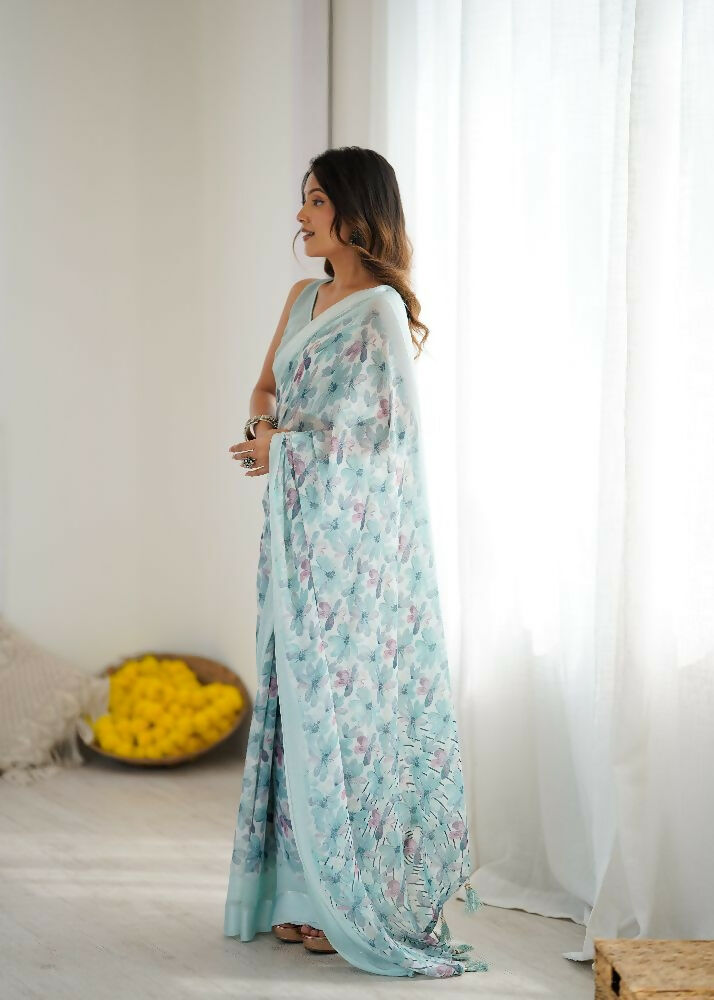 PR Fashion Sky_Blue Bright Moss Satin Patta Printed Saree