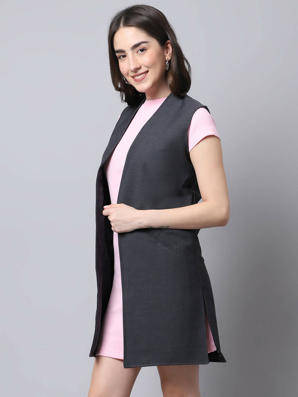 Even Apparels Grey Polywool Open Front Women's Long Coat