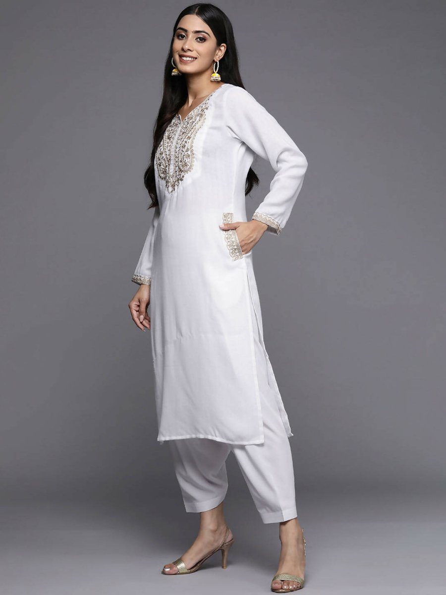 Ahalyaa Women White Ethnic Motifs Embroidered Aari Work Pashmina Kurta with Salwar & With Dupatta