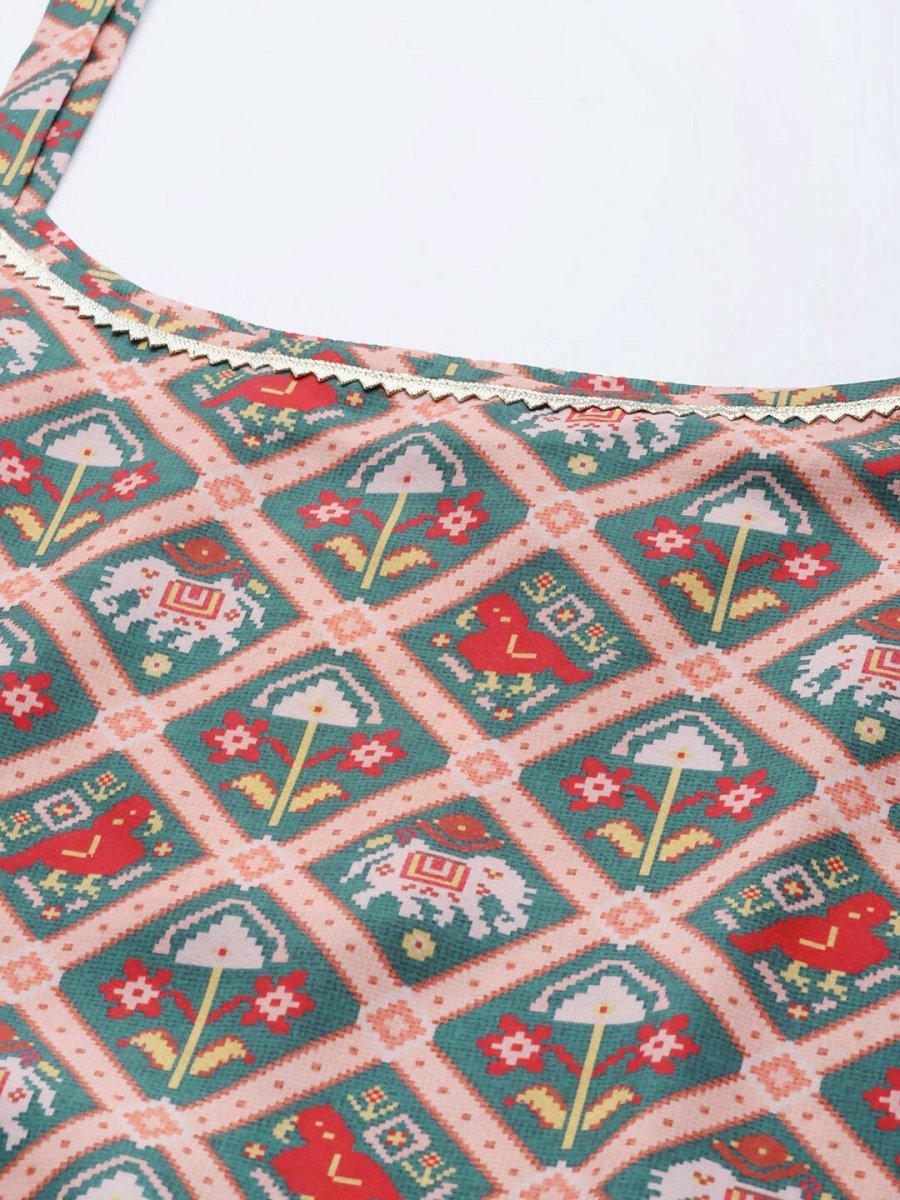 Ahalyaa Women Green & Red Ethnic Motifs Print Kurti with Sharara & Dupatta