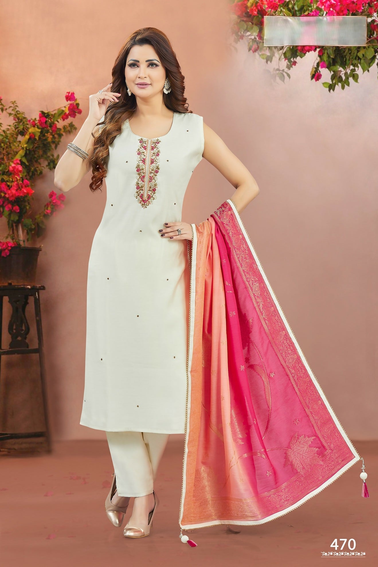 Joban Fashion Women Soft Silk Cream Round Neck Emroidery Kurta Set