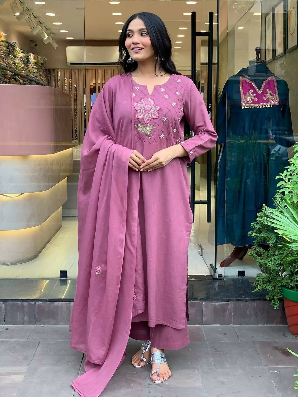 The52 Peach Women's Gorgeous Embroidered Cotton Fabric Straight Kurta Pant with Dupatta Set