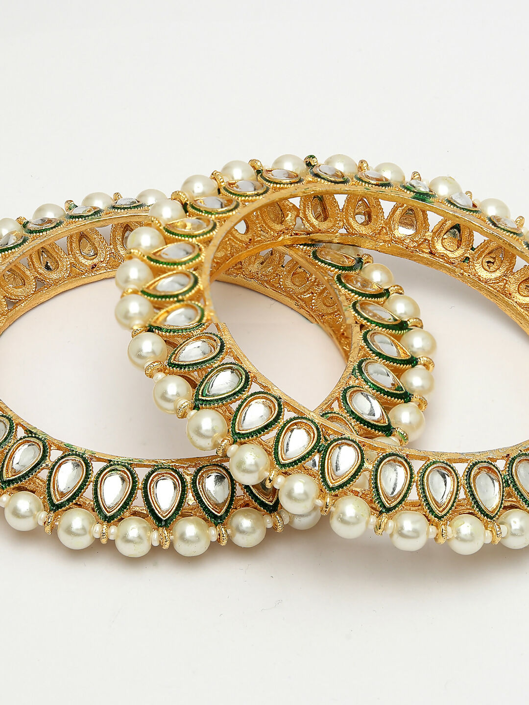 NVR Women's Set Of 2 Gold-Polished Kundan-Studded & Pearls-Beaded Bangles