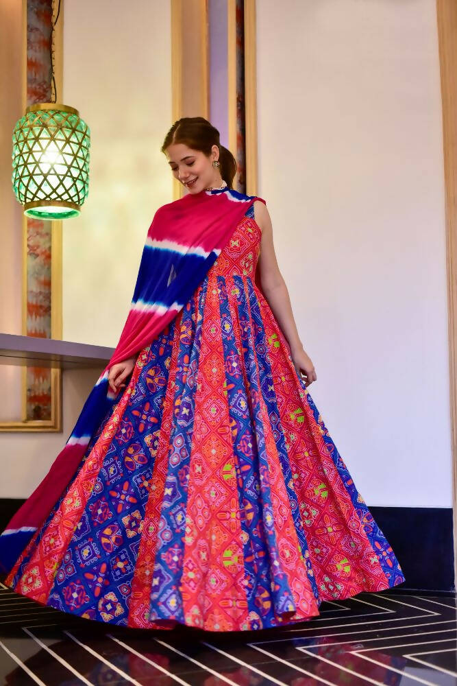 Partywear Designer Green Yellow Pure Maslin Gown - Anbazaar