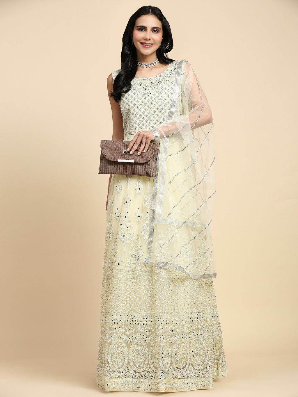 Yellow Net Hand Embroidered Gown - Rudrani