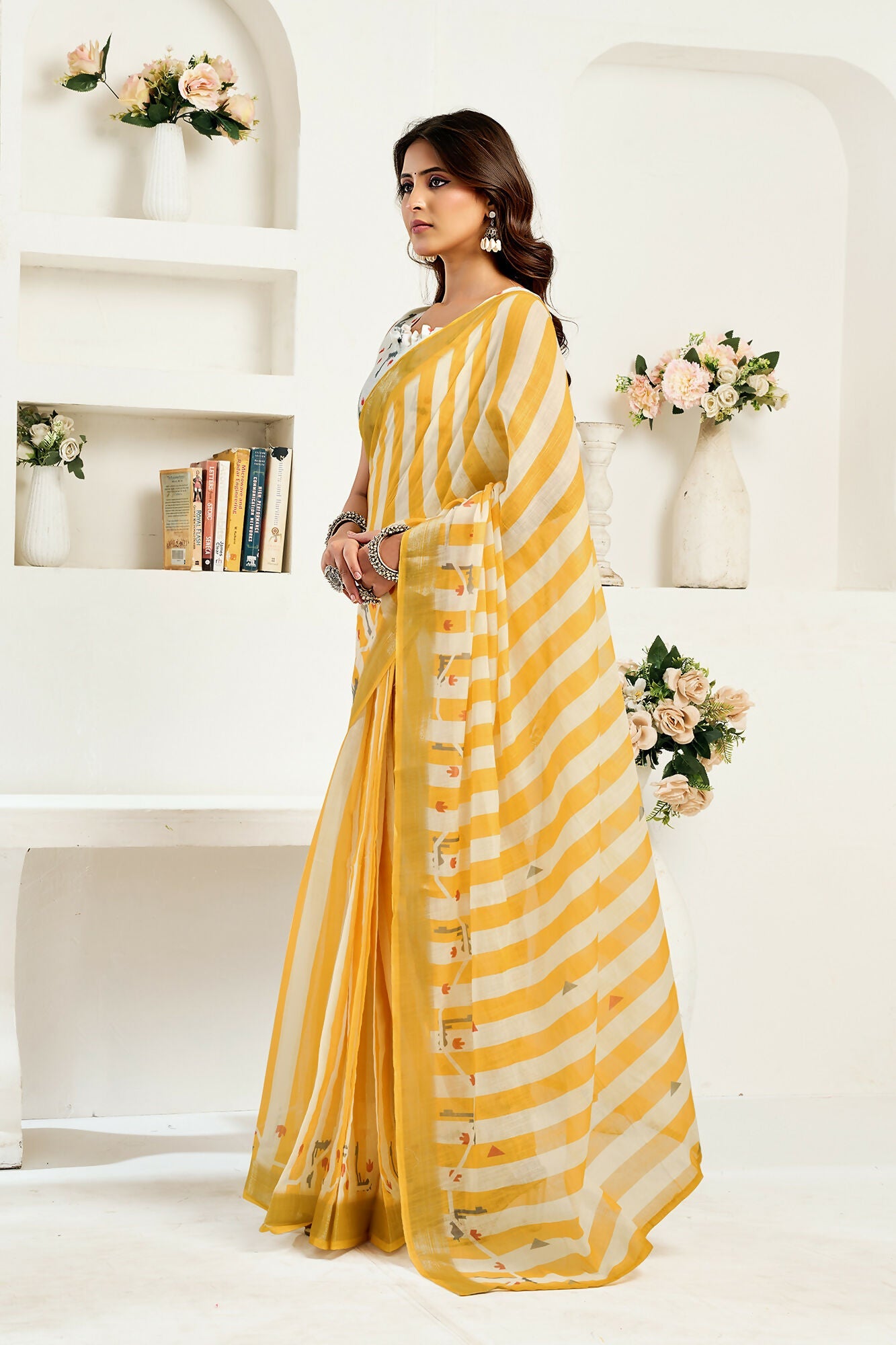 Vastranavya Yellow White Digital Printed Linen Ready To Wear Designer Saree with Unstitched Blouse
