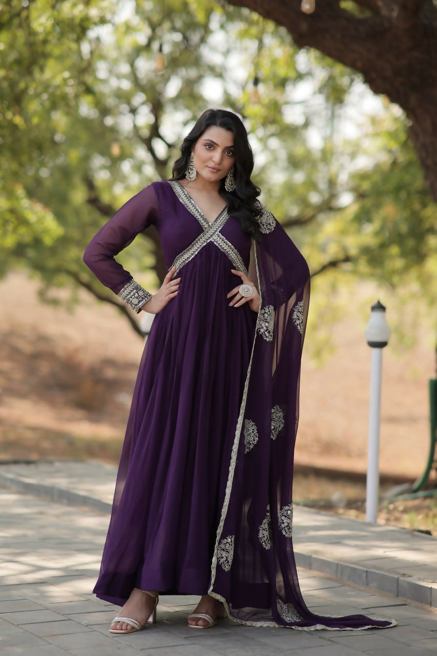 Vastranavya Faux Blooming with Embroidery Zari Sequins-work Gown with Dupatta - Purple