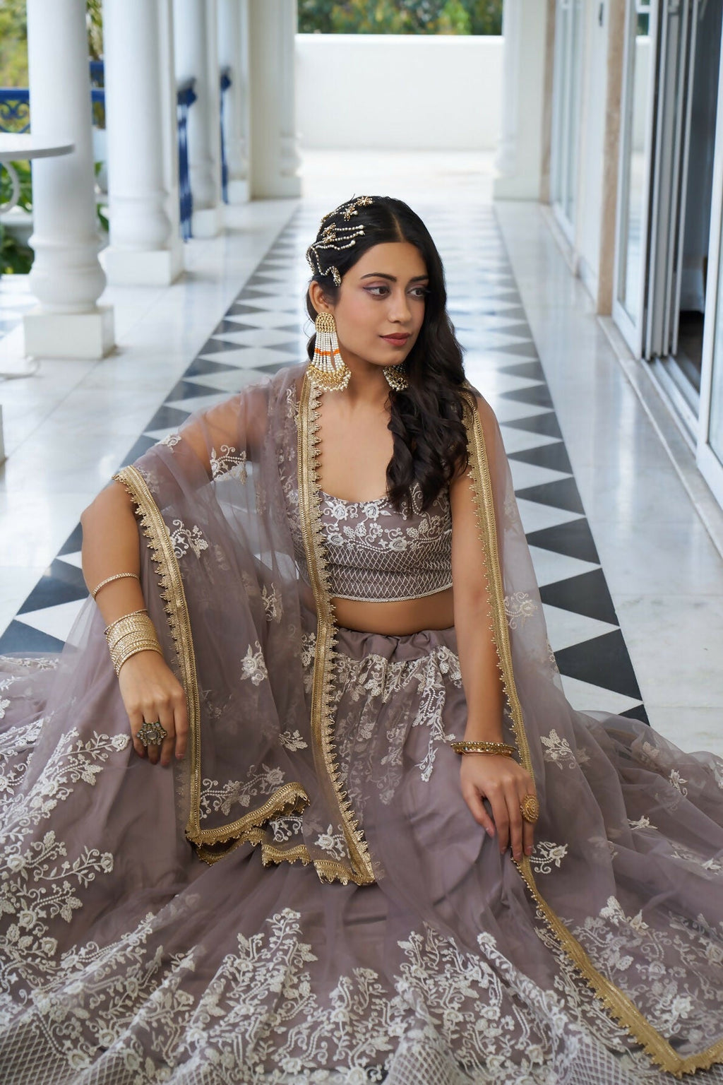 Eilara Glamorous Light Dusty Brown Butterfly Net With Thread And Sequins Embroidered Work Lehenga Choli