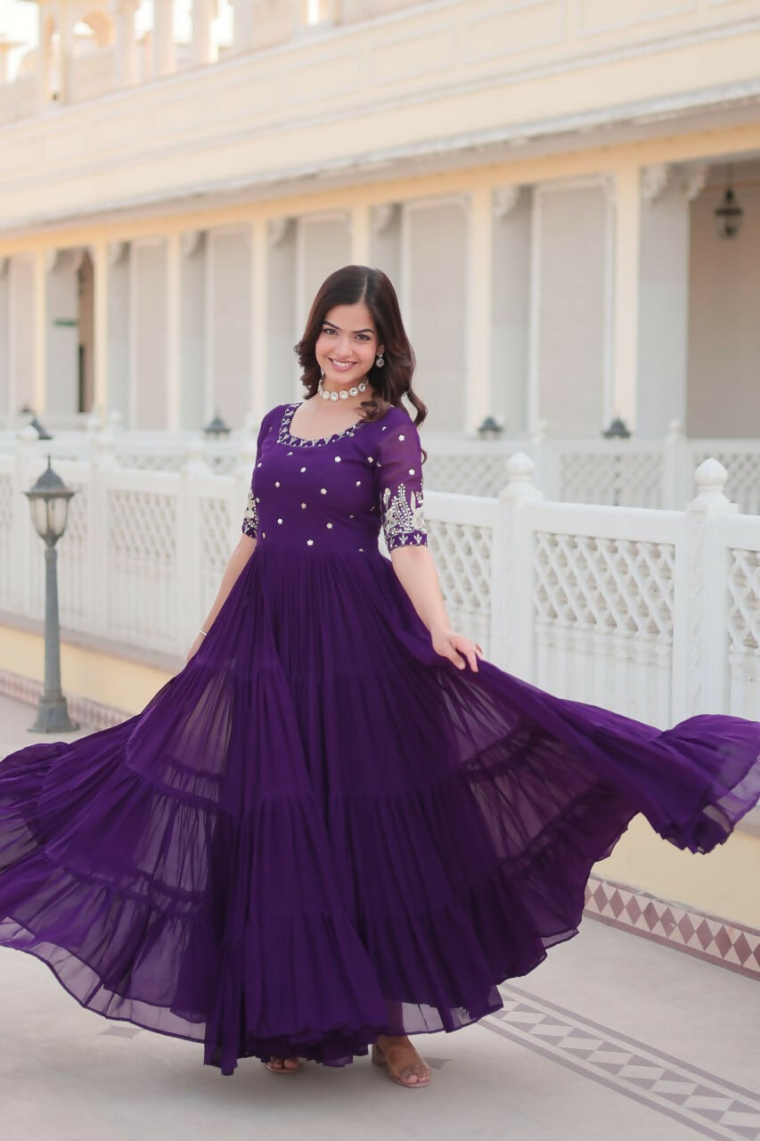 Vastranavya Premium Designer Faux Blooming with Embroidery Zari Sequins work Gown - Purple