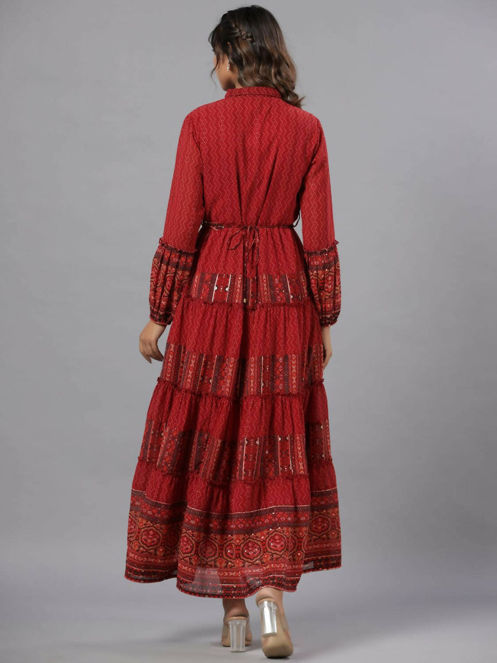 Juniper Women Rust Georgette Printed Tiered Maxi Dress