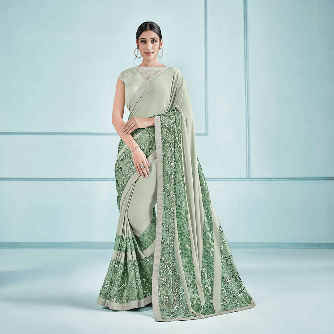 Sea Green Lycra Embroidery Saree with Unstitched Blouse Piece - Norita Elaura