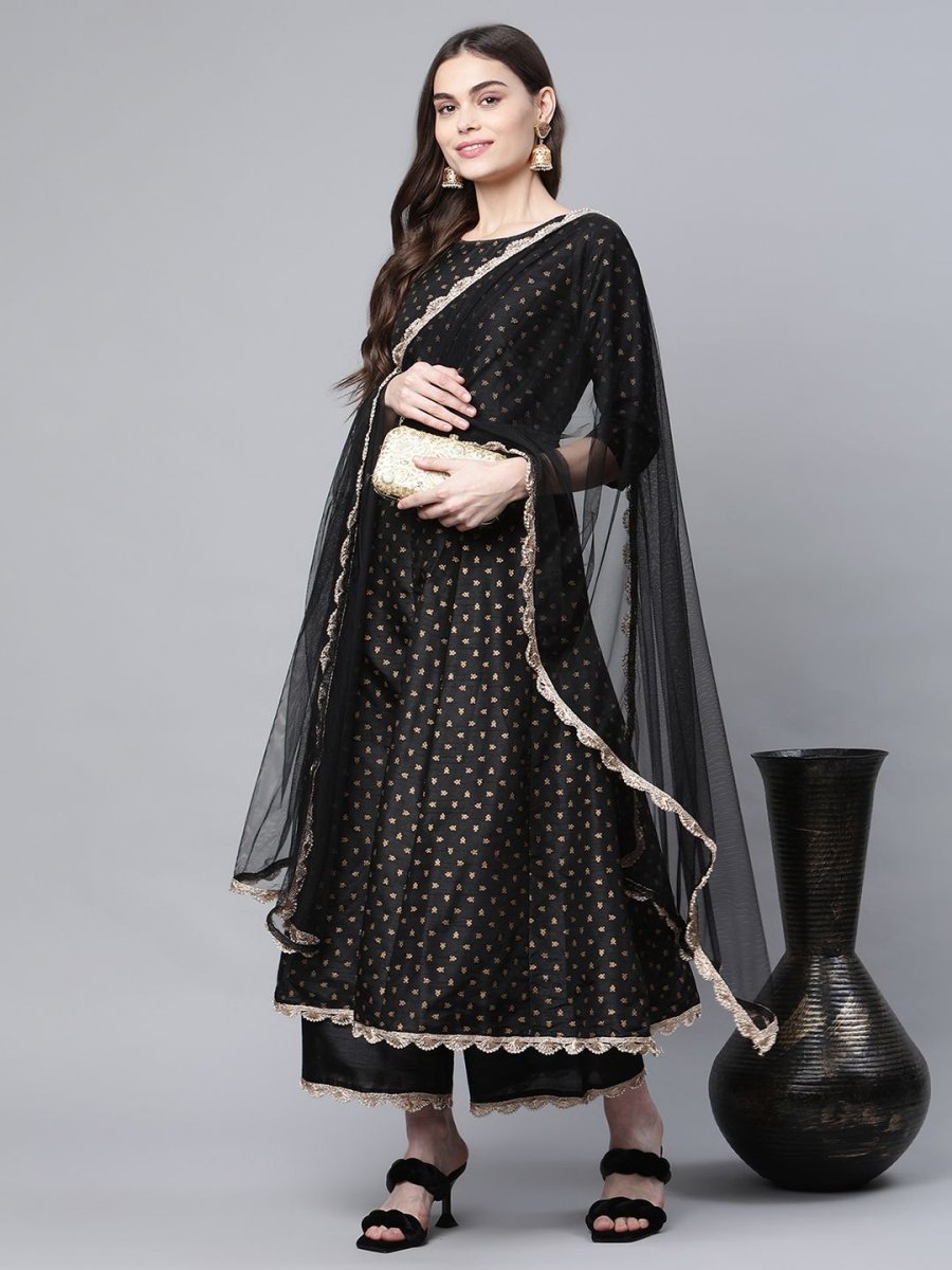 Ahalyaa Women Black Poly Silk Gold Printed Anarkali Kurta Palazzo Set With Dupatta