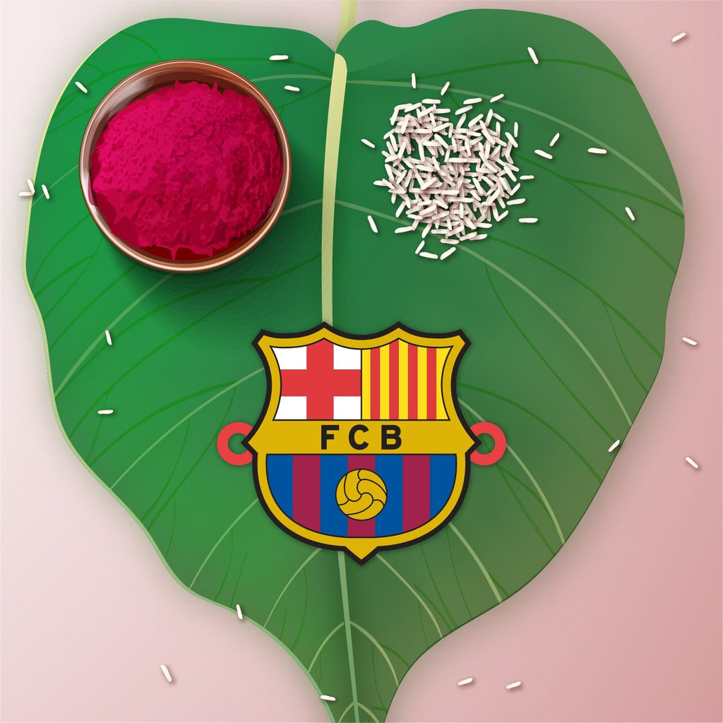 Indianvibez FC Barcelona Wooden Rakhi with Rudraksha, Barca Rakhi for Bro, Shop India - Kids Rakhi