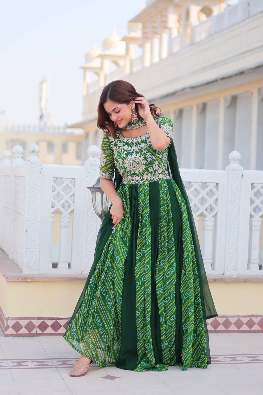 Lehenga Mart Designer Georgette Bandhej Gown & Dupatta