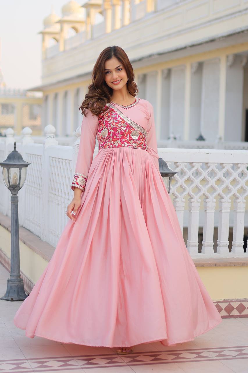 Lehenga Mart Pure Chinon Bandhej Gotta patti cording Work Gown