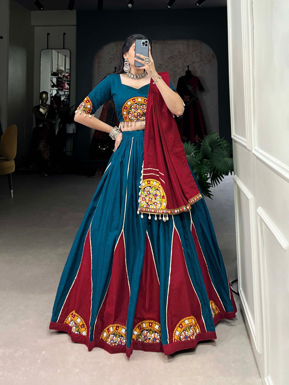 Lorenvalley Rama Pure Cotton Plain And Gamthi Patch Work With Gota Patti Lehenga Choli with Dupatta