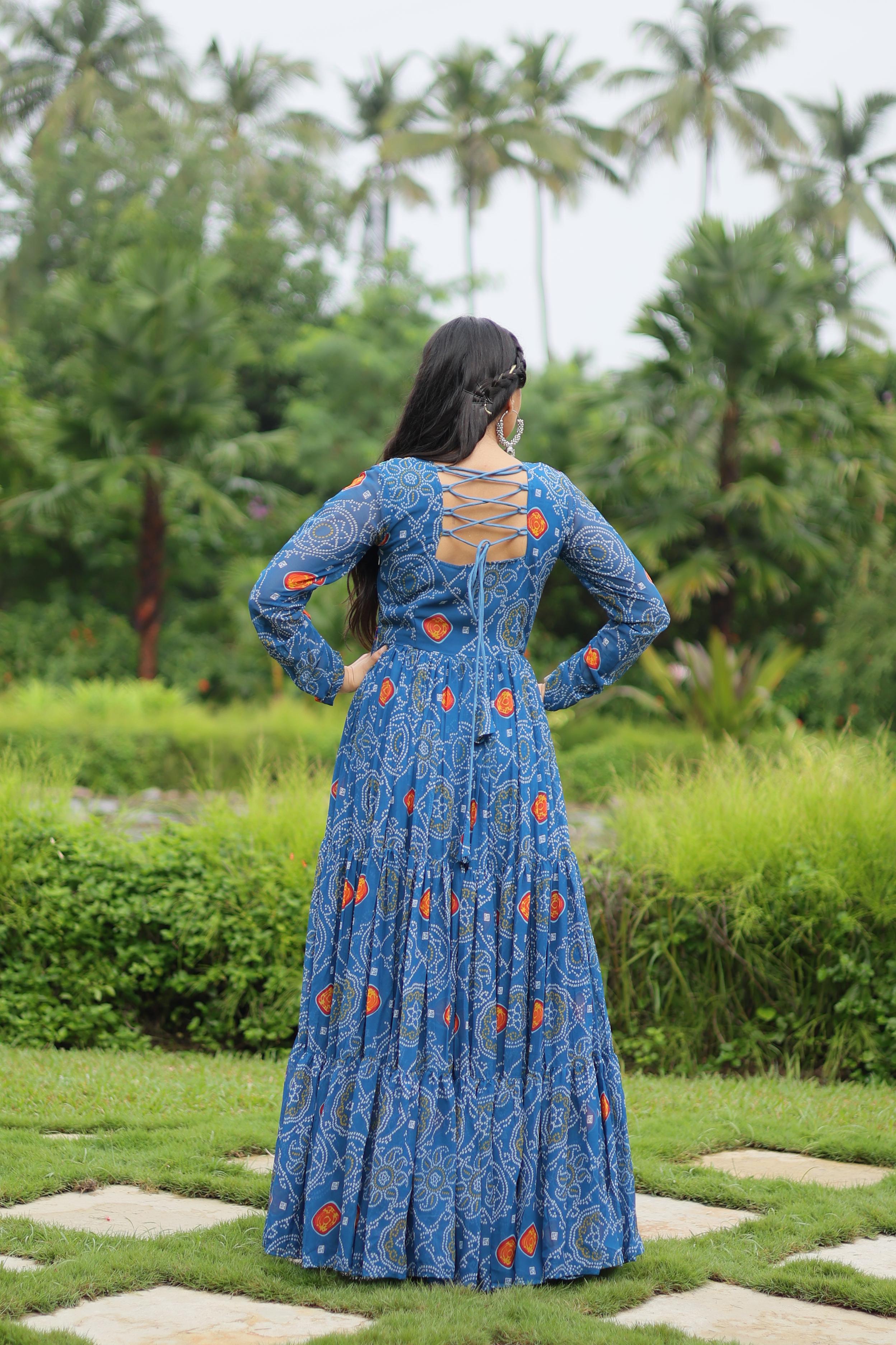 Lorenvalley Rama Faux Georgette Bandhani Print Work With Kutchi Patch Work Gown