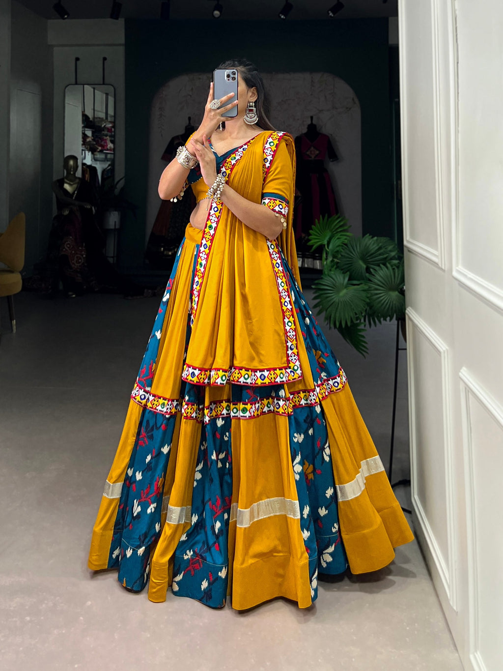 Lorenvalley Yellow and Rama Rayon with Printed Silk Original Mirror Gamthi Work and Embossed Design Gota Lehenga Choli with Dupatta