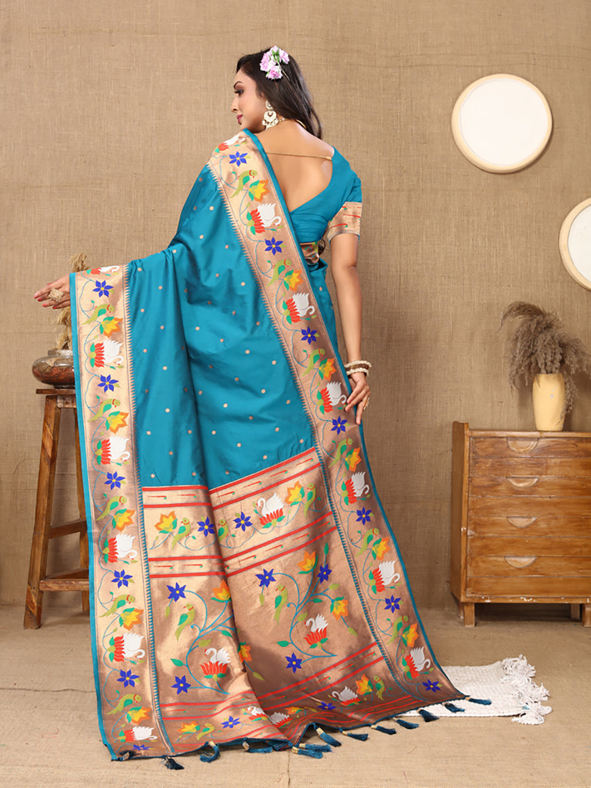 Lorenvalley Fashion Rama Soft Paithani Silk Woven Design Rich Zari Meenakari Weaving Saree
