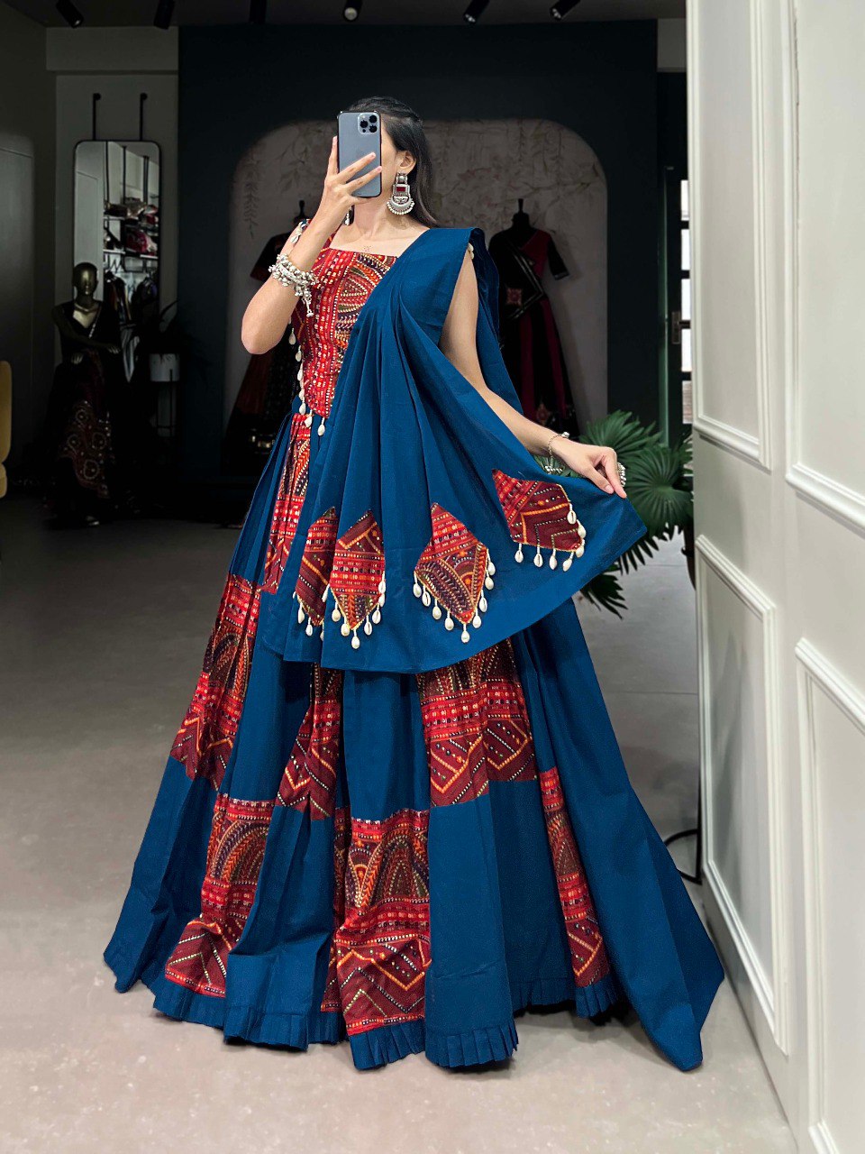 Lorenvalley Rama Pure Cotton Plain And Printed With Foil Work Lehenga Choli with Dupatta