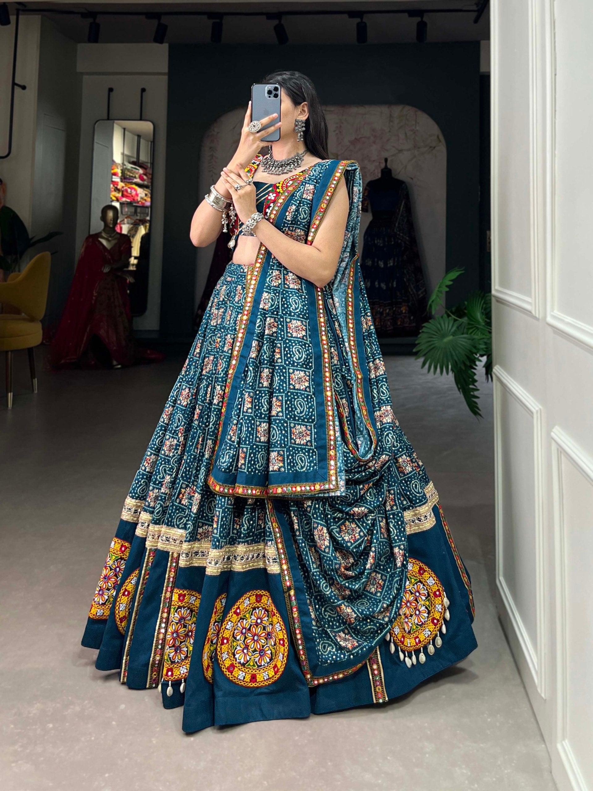 Lorenvalley Rama Pure Rayon Navratri Chaniya Choli, Complete With Sophisticated Printed Foil Work And Gamthi Patch & Lace Touch-Up