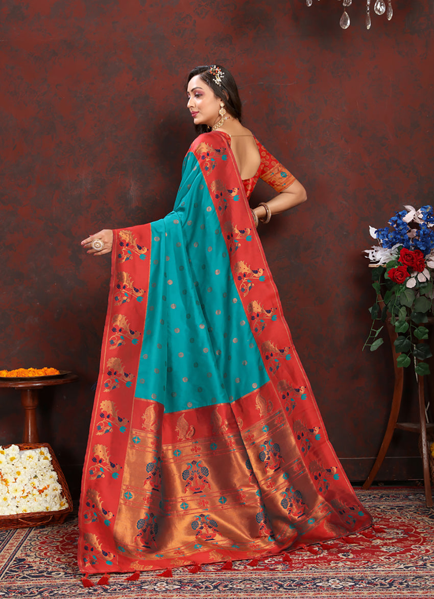 Lorenvalley Fashion Rama Soft Paithani Silk Woven Design Rich Zari Meenakari Weaving Saree