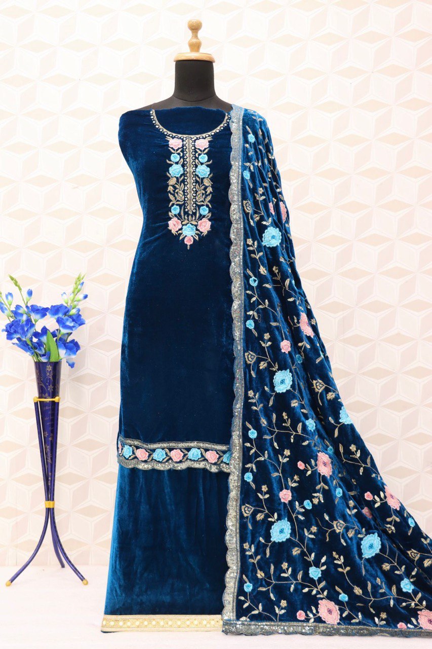 Lorenvalley Fashion Women Rama Velvet Embroidered Salwar Suit Material
