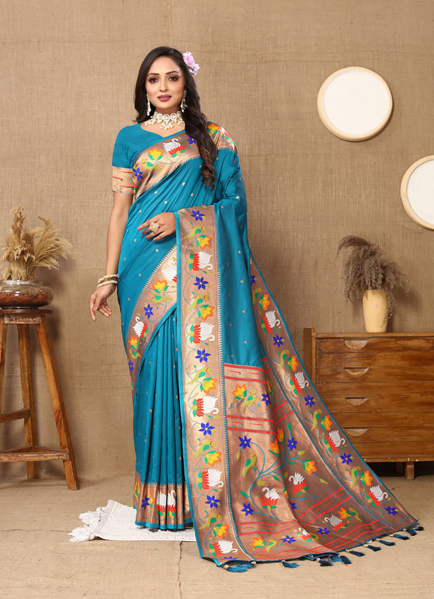 Lorenvalley Fashion Rama Soft Paithani Silk Woven Design Rich Zari Meenakari Weaving Saree