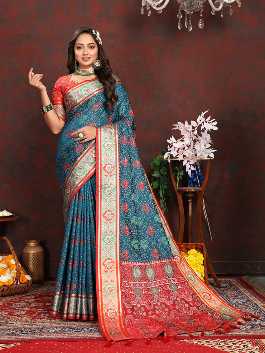 Lorenvalley Fashion Rama Patola Silk Woven Design with Zari Meenakari Weaving motifs Pallu Saree
