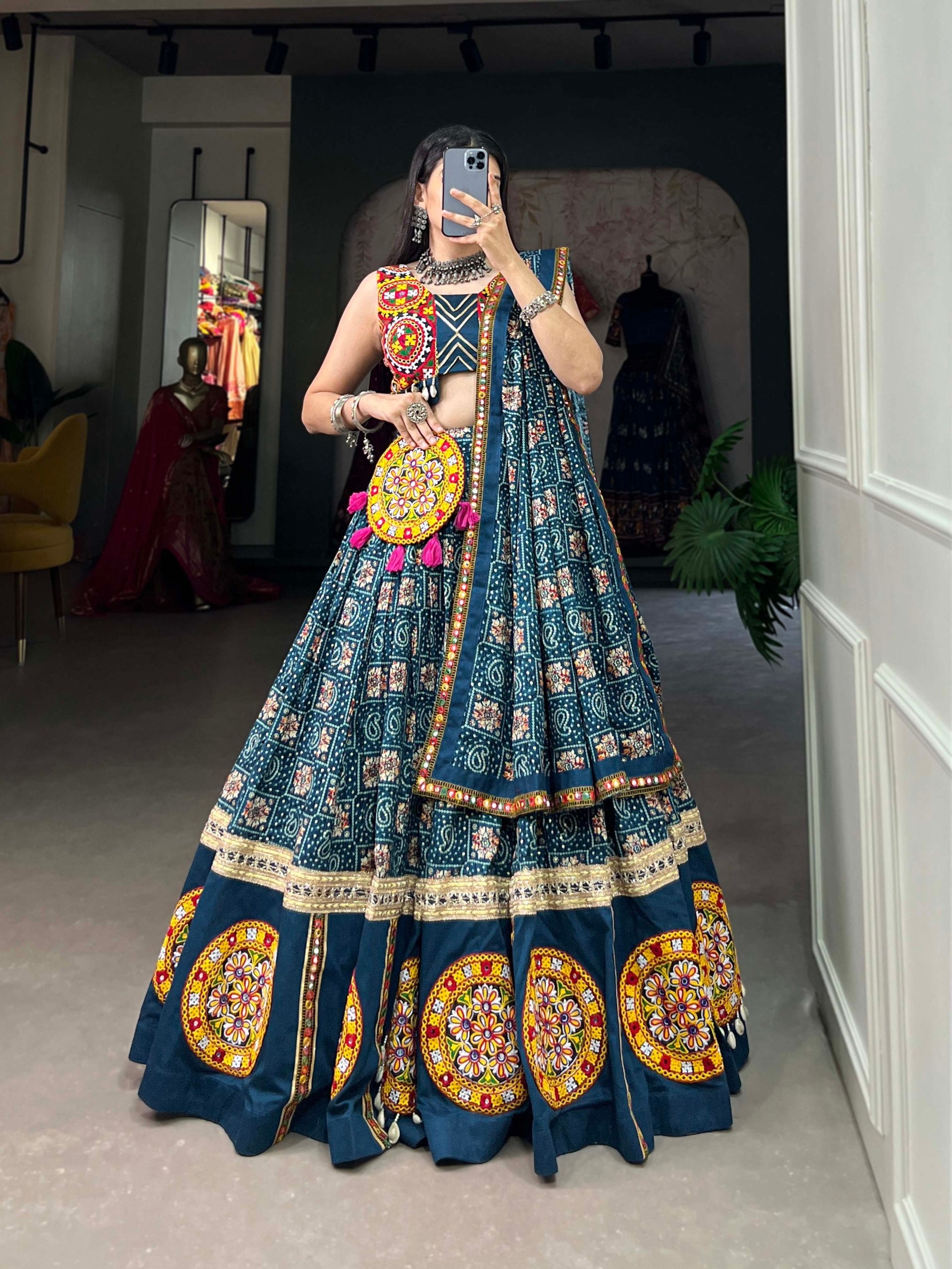 Lorenvalley Rama Pure Rayon Navratri Chaniya Choli, Complete With Sophisticated Printed Foil Work And Gamthi Patch & Lace Touch-Up