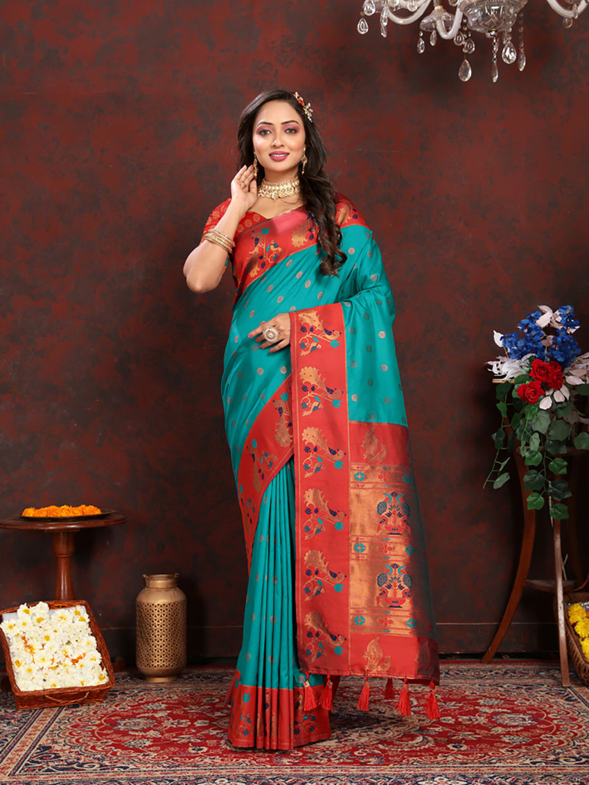 Lorenvalley Fashion Rama Soft Paithani Silk Woven Design Rich Zari Meenakari Weaving Saree
