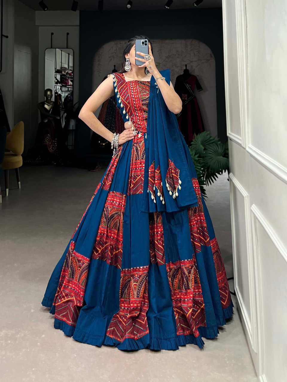 Lorenvalley Rama Pure Cotton Plain And Printed With Foil Work Lehenga Choli with Dupatta