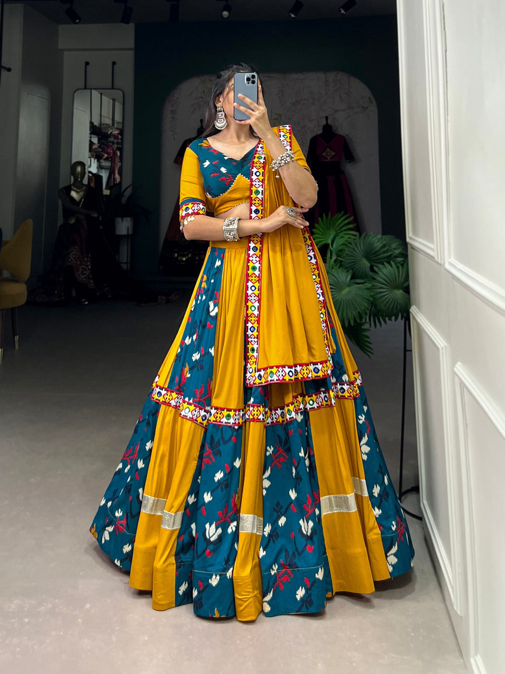 Lorenvalley Yellow and Rama Rayon with Printed Silk Original Mirror Gamthi Work and Embossed Design Gota Lehenga Choli with Dupatta