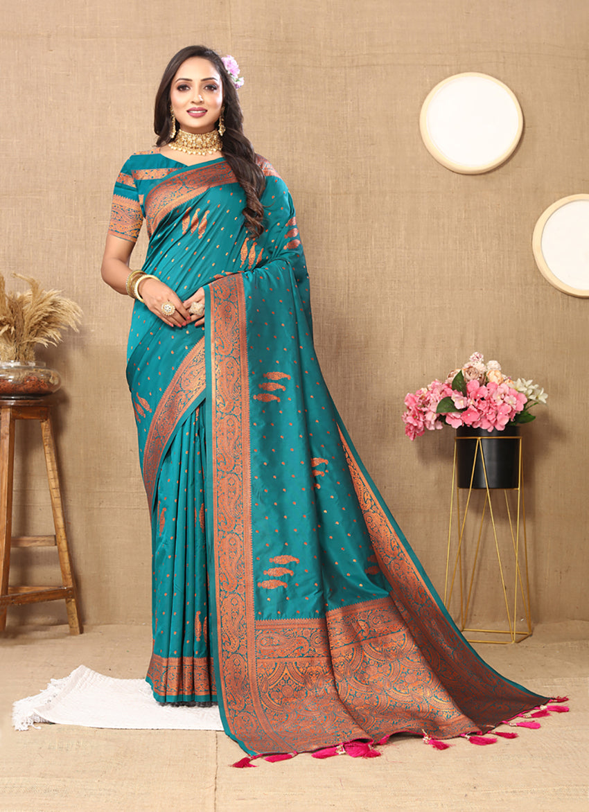 Lorenvalley Fashion Rama Soft Silk Copper Zari weaving Design Saree