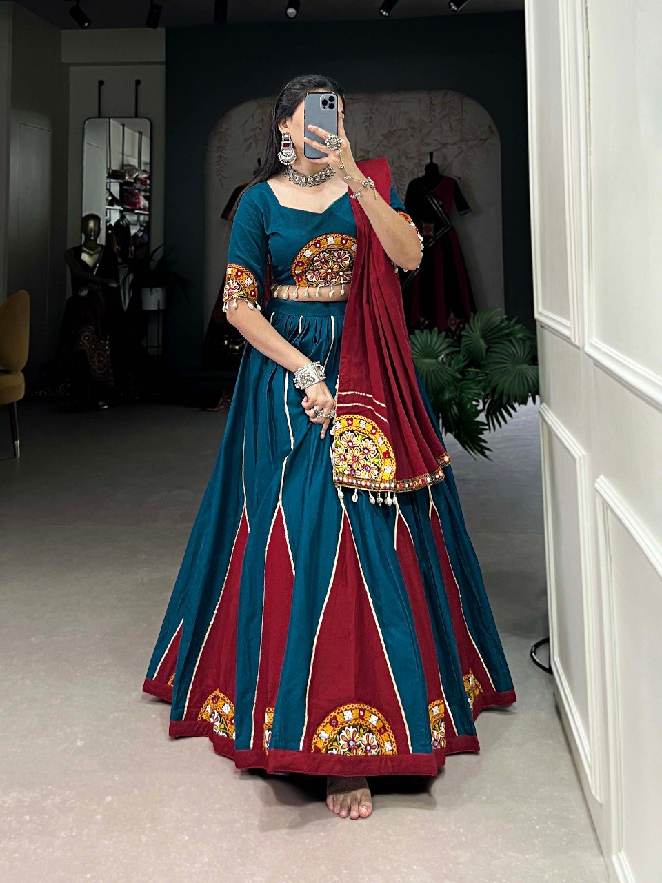 Lorenvalley Pure Cotton Rama Plain And Gamthi Patch Work With Gota Patti Lehenga Choli with Dupatta