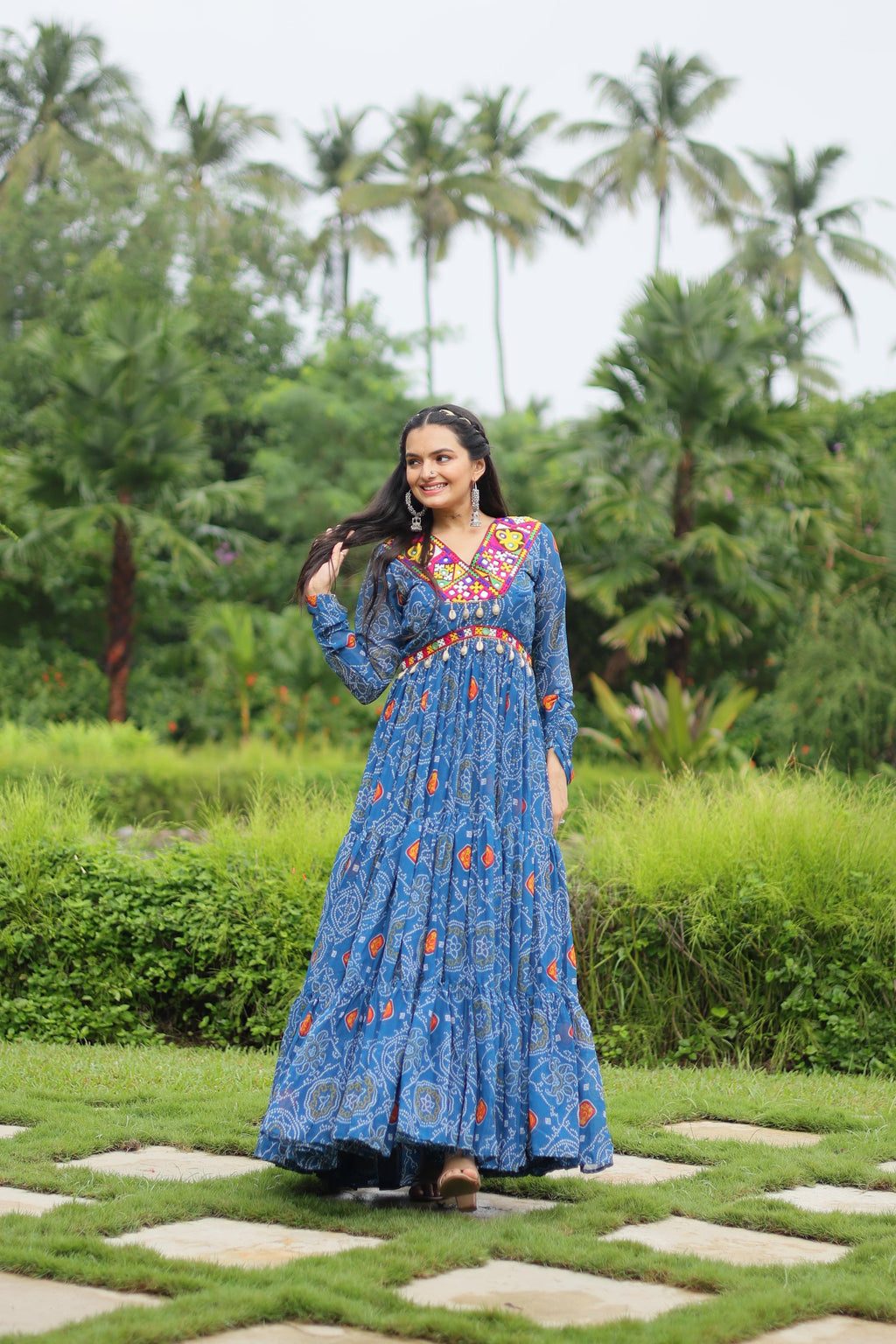 Lorenvalley Rama Faux Georgette Bandhani Print Work With Kutchi Patch Work Gown