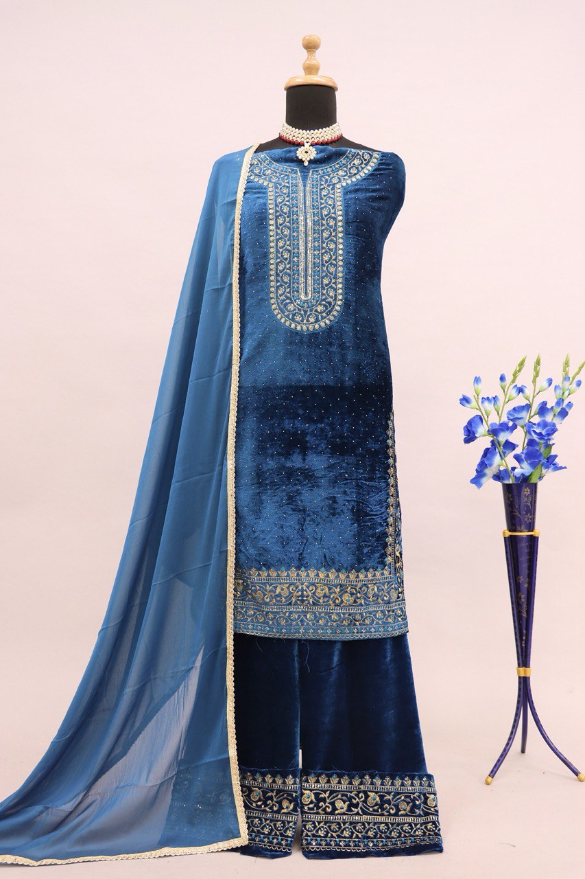 Lorenvalley Fashion Women Rama Velvet Embroidered Salwar Suit Material