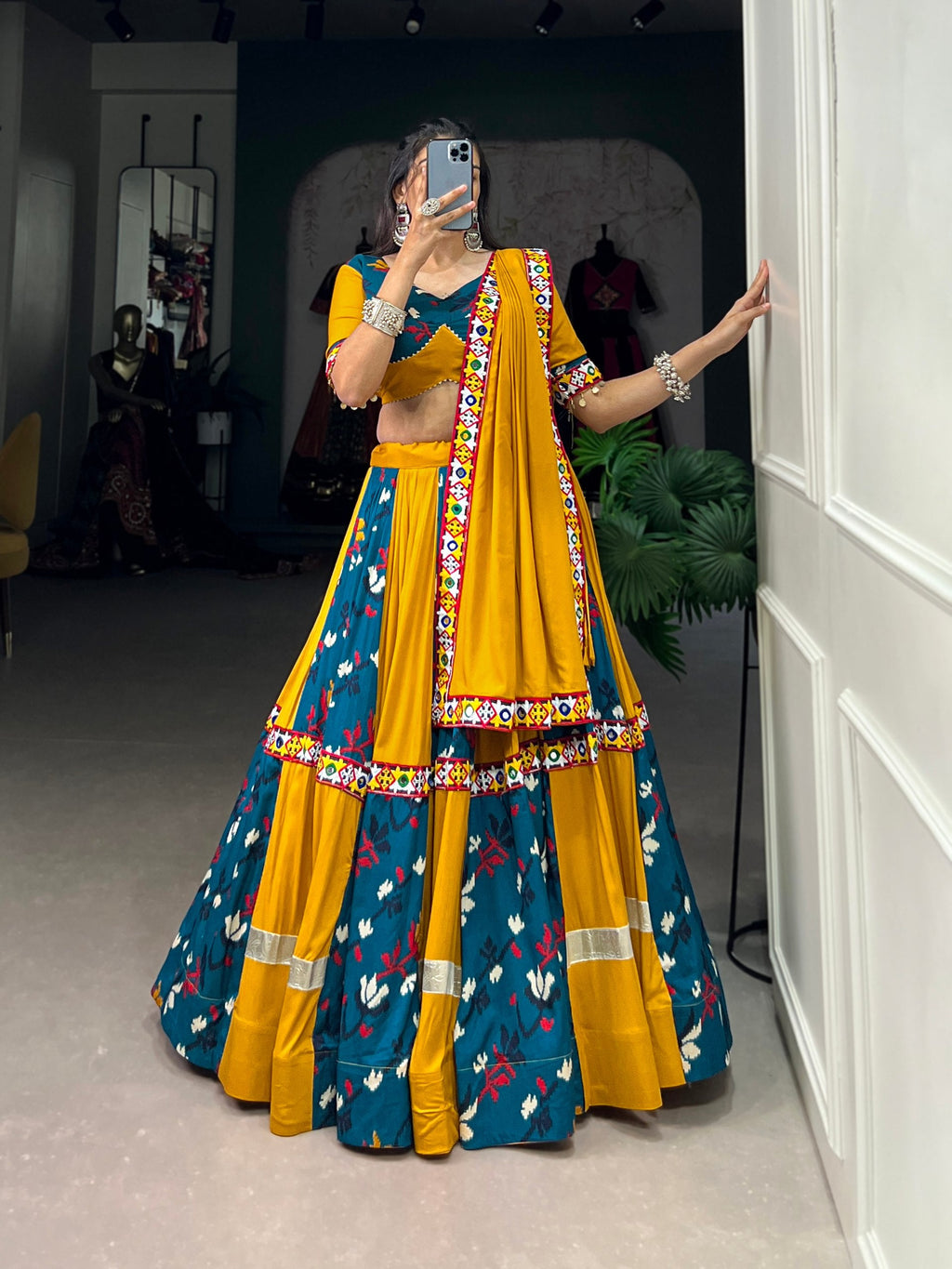 Lorenvalley Rayon Yellow and Rama with Printed Silk Original Mirror Gamthi Work and Embossed Design Gota Lehenga Choli with Dupatta