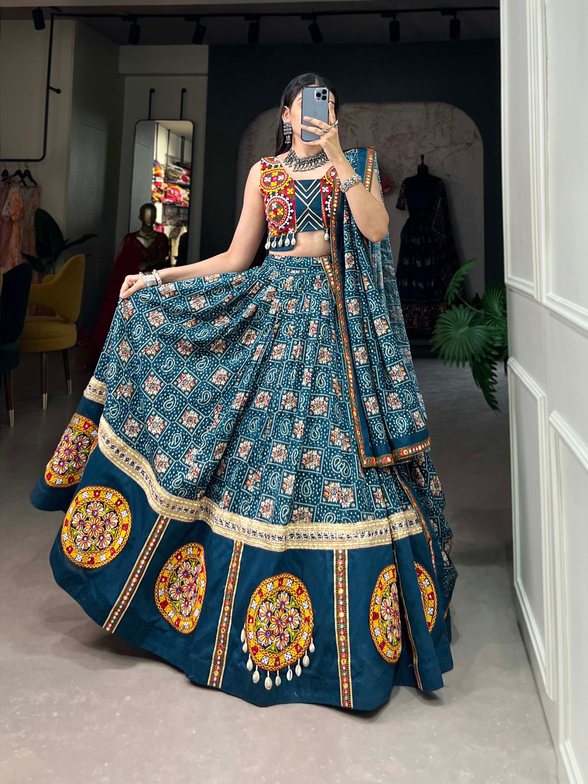 Lorenvalley Rama Pure Rayon Navratri Chaniya Choli, Complete With Sophisticated Printed Foil Work And Gamthi Patch & Lace Touch-Up