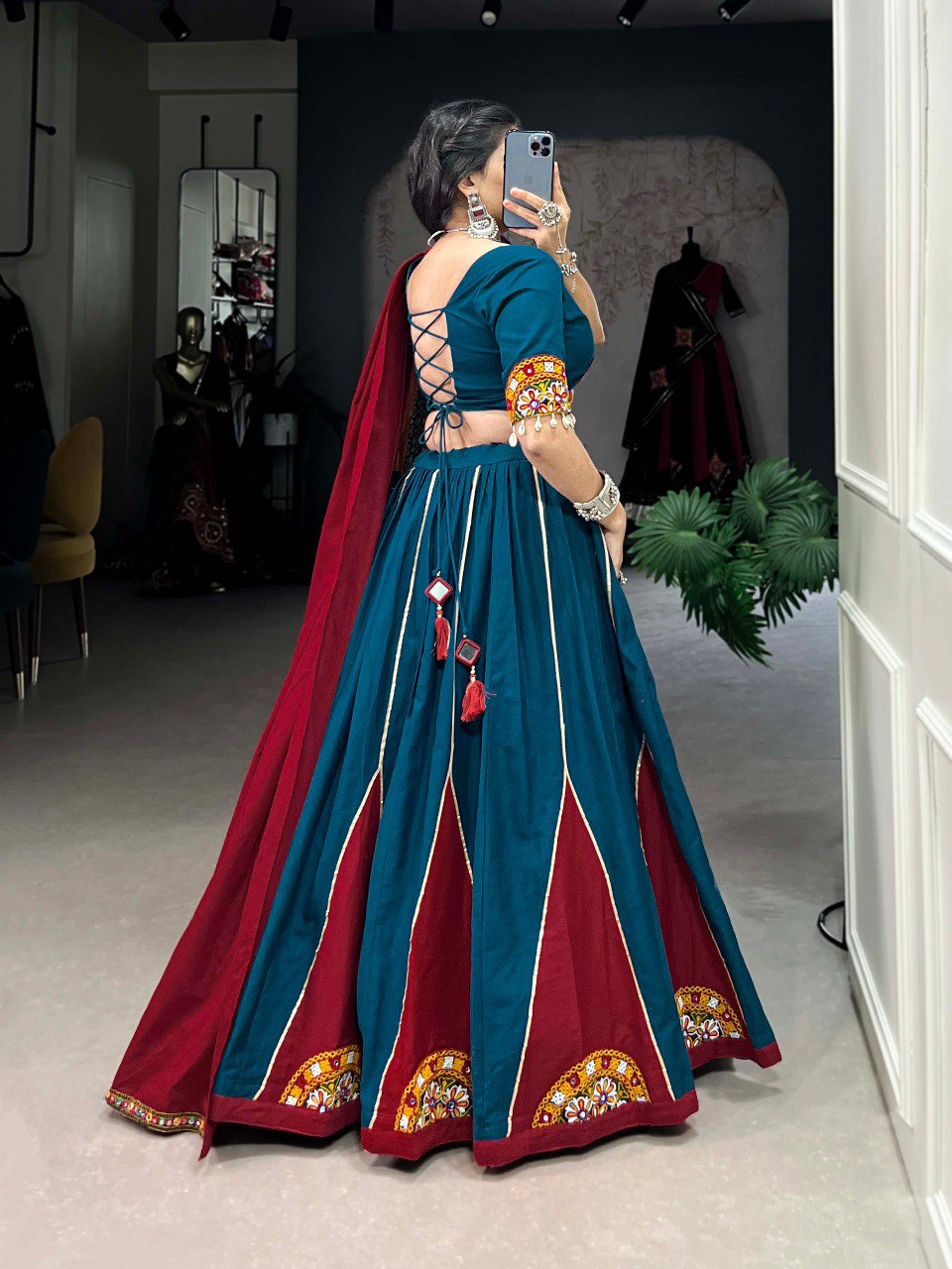 Lorenvalley Rama Pure Cotton Plain And Gamthi Patch Work With Gota Patti Lehenga Choli with Dupatta