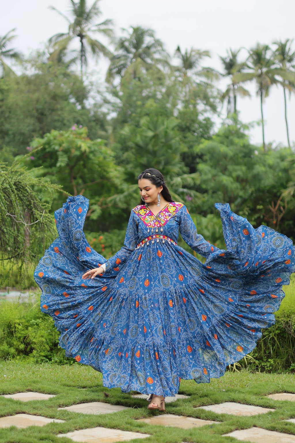 Lorenvalley Rama Faux Georgette Bandhani Print Work With Kutchi Patch Work Gown