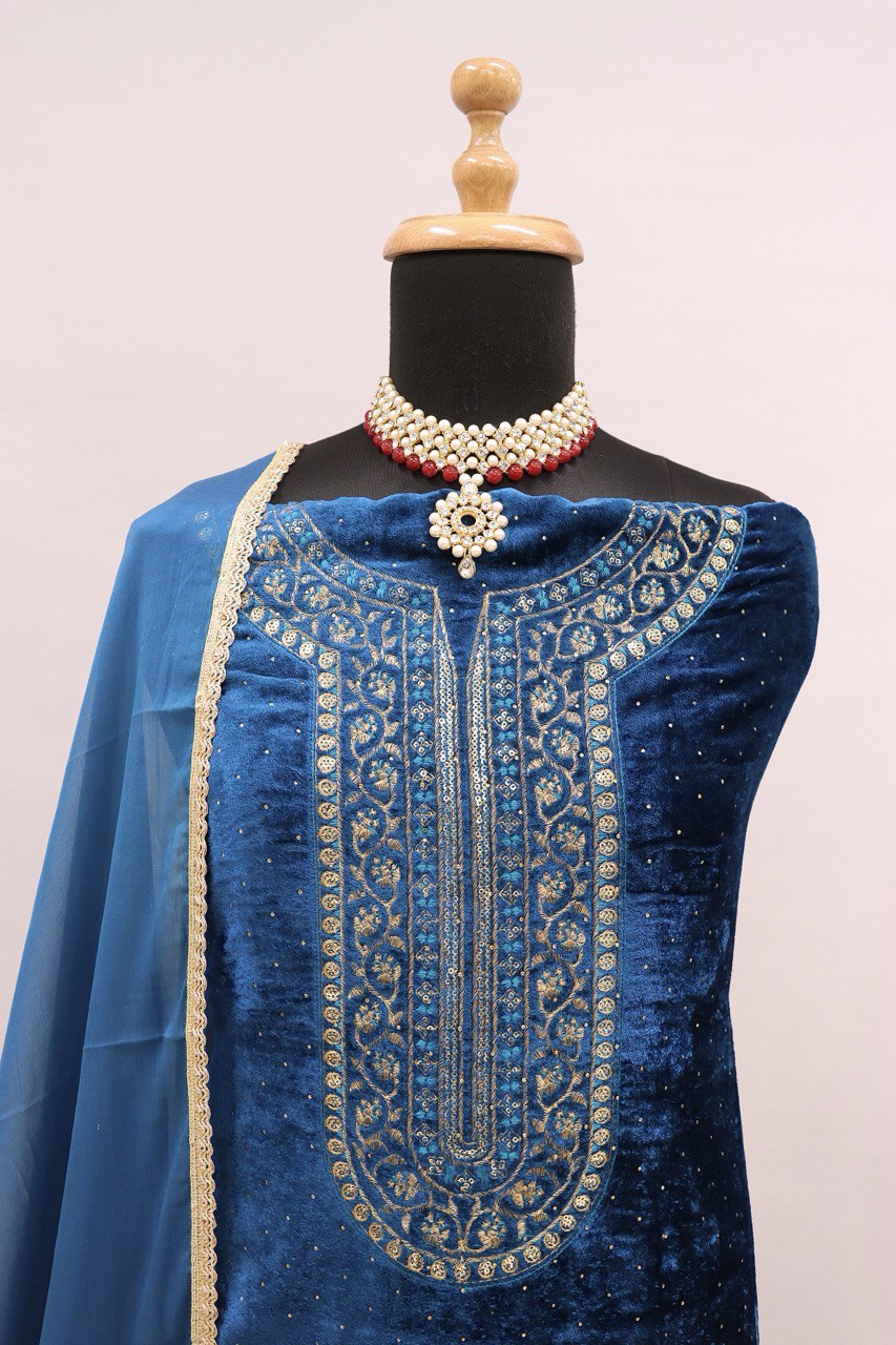 Lorenvalley Fashion Women Rama Velvet Embroidered Salwar Suit Material