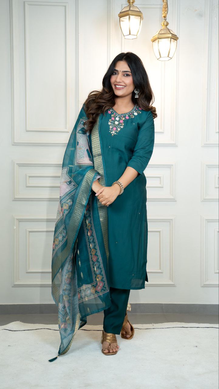 Lorenvalley Fashion Rama Roman Silk Hand Work Kurta Pant with Dupatta