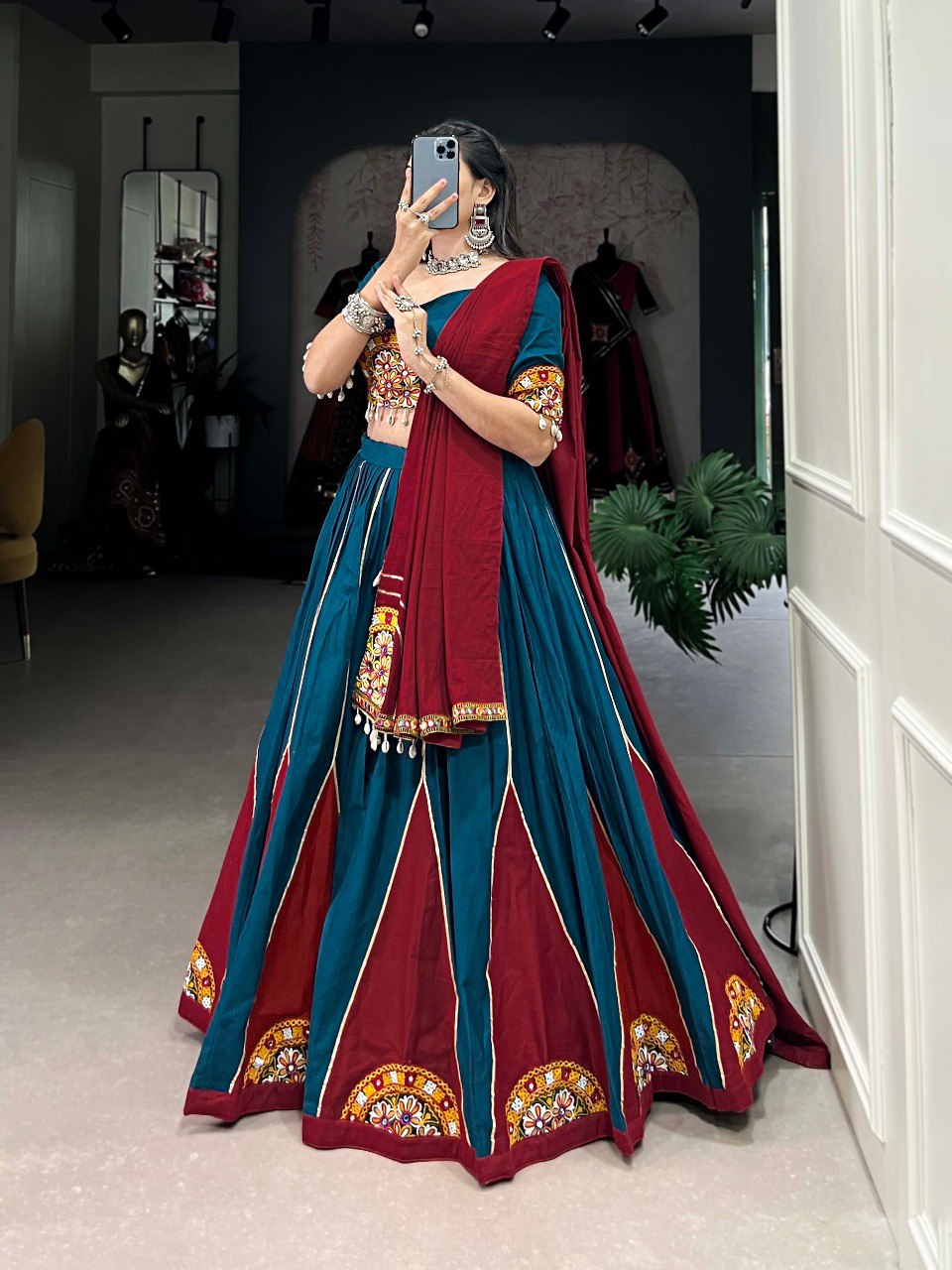 Lorenvalley Rama Pure Cotton Plain And Gamthi Patch Work With Gota Patti Lehenga Choli with Dupatta