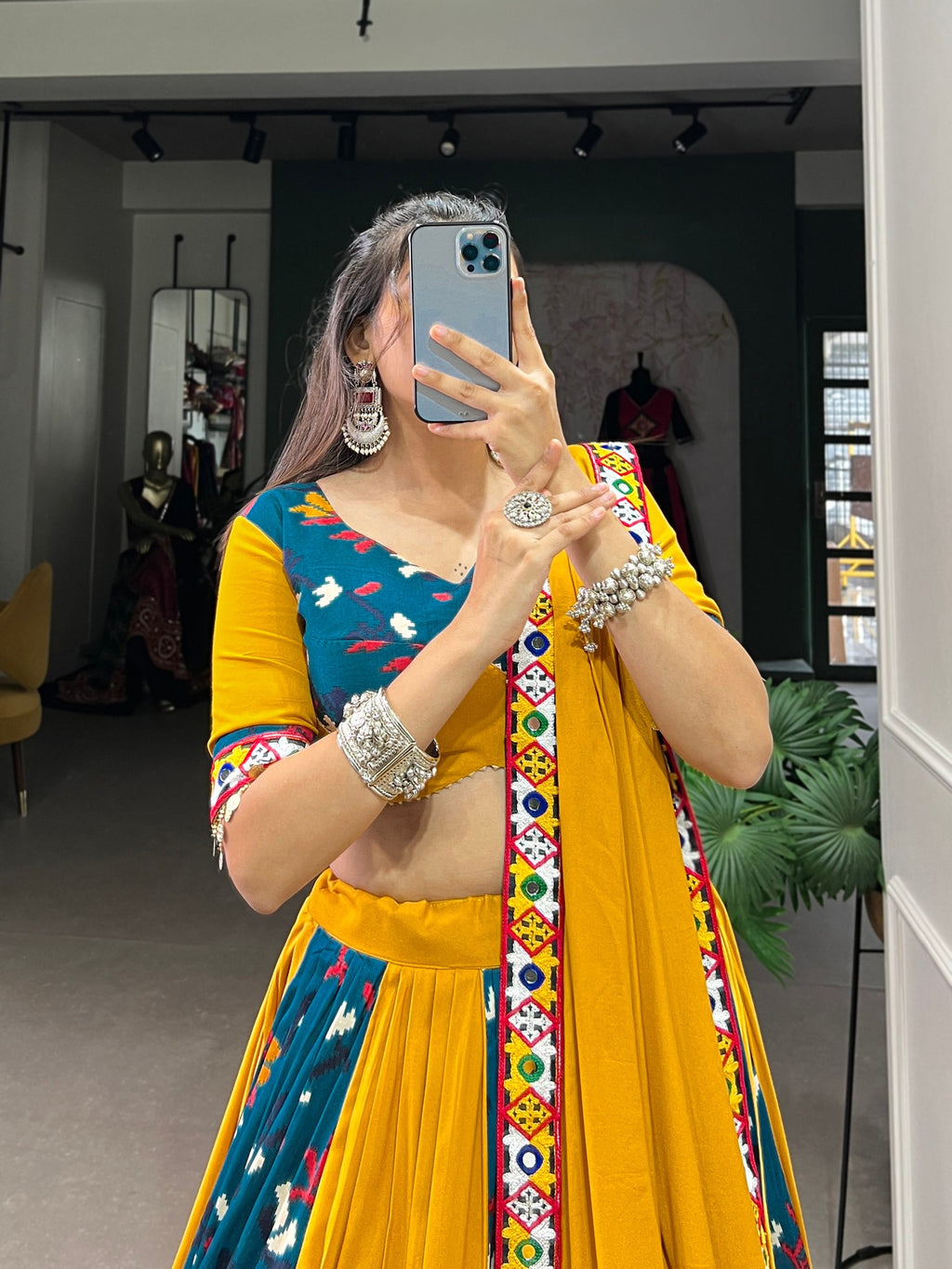 Lorenvalley Yellow and Rama Rayon with Printed Silk Original Mirror Gamthi Work and Embossed Design Gota Lehenga Choli with Dupatta