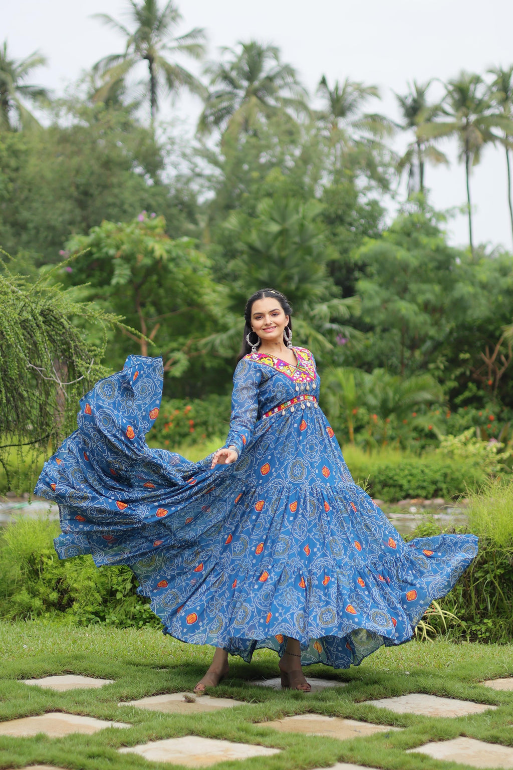 Lorenvalley Rama Faux Georgette Bandhani Print Work With Kutchi Patch Work Gown