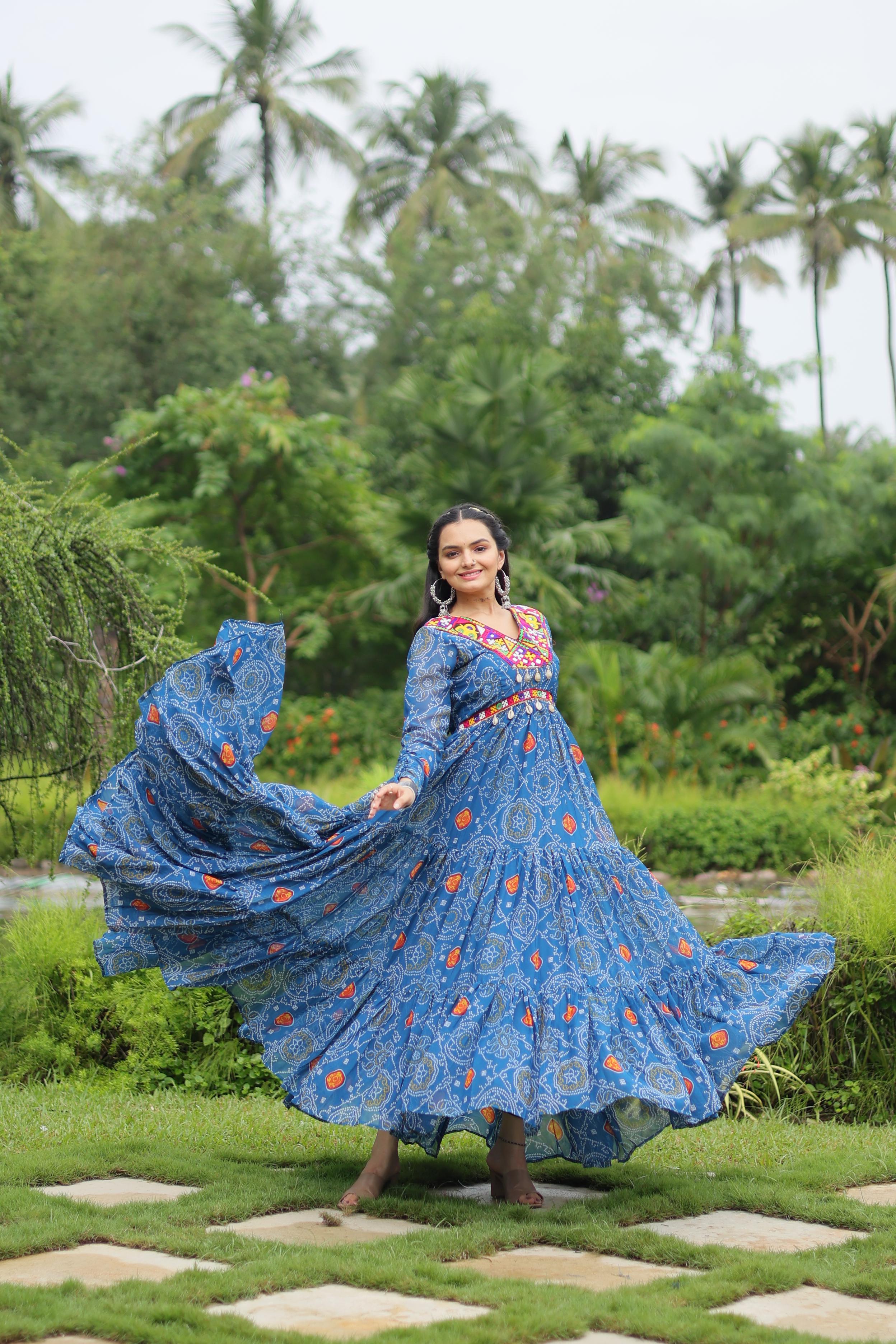 Lorenvalley Rama Faux Georgette Bandhani Print Work With Kutchi Patch Work Gown