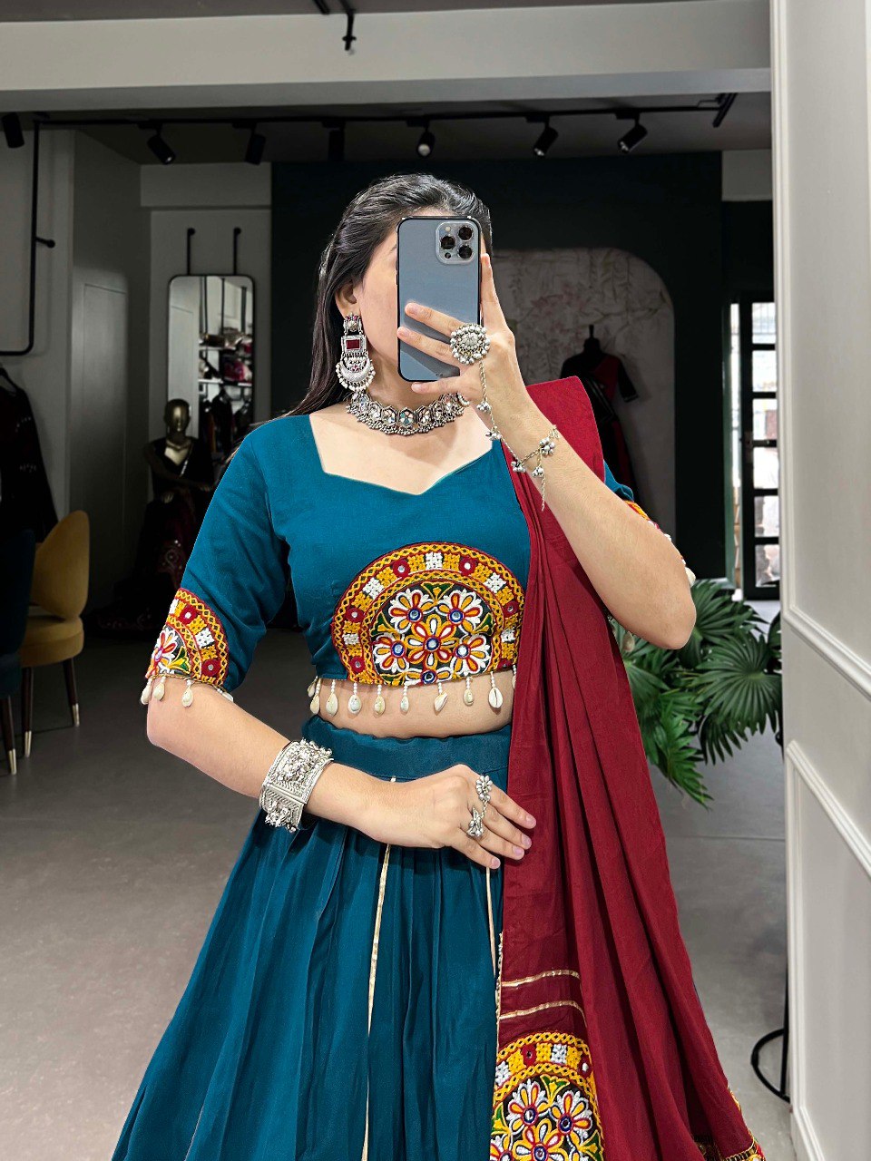 Lorenvalley Rama Pure Cotton Plain And Gamthi Patch Work With Gota Patti Lehenga Choli with Dupatta