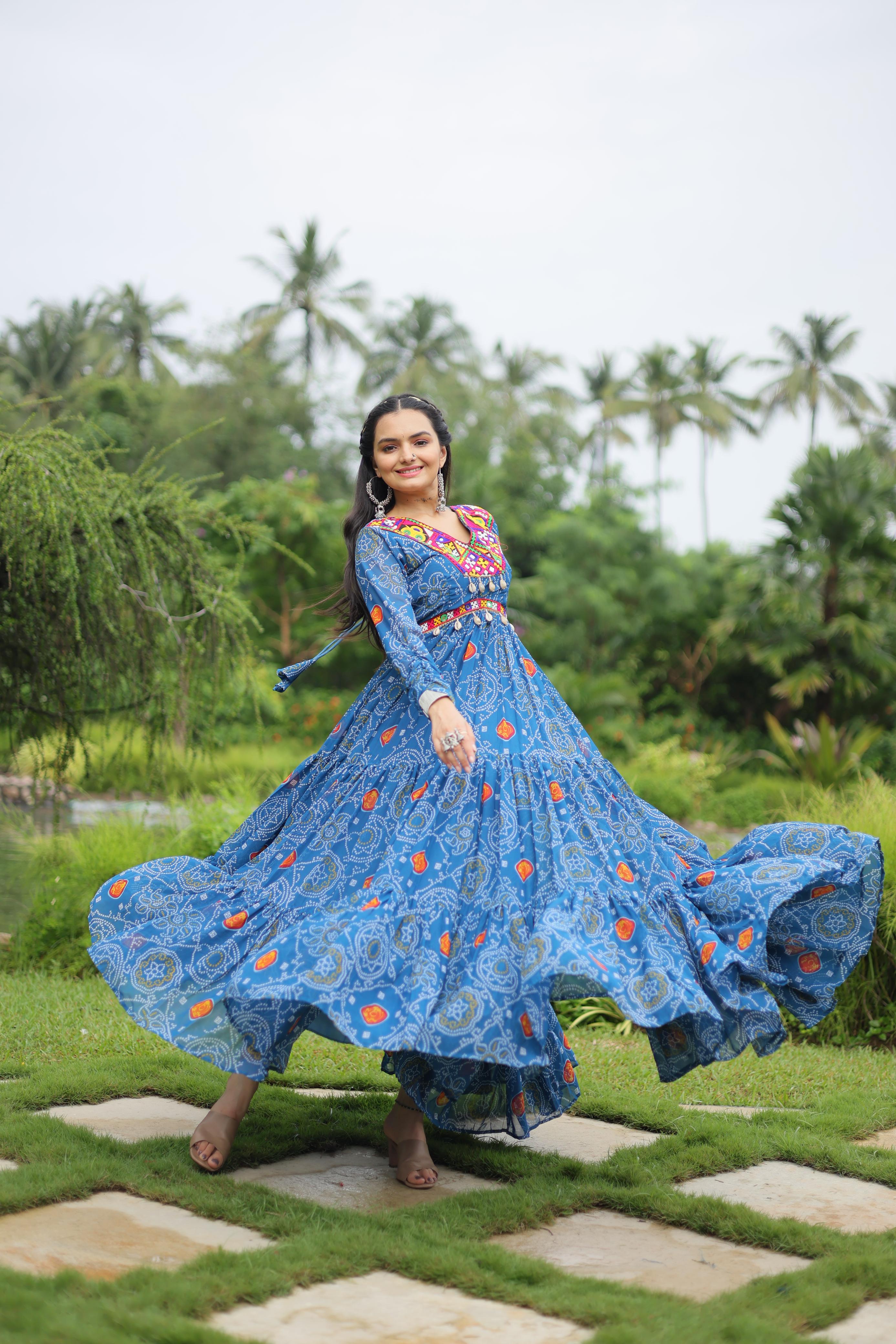 Lorenvalley Rama Faux Georgette Bandhani Print Work With Kutchi Patch Work Gown