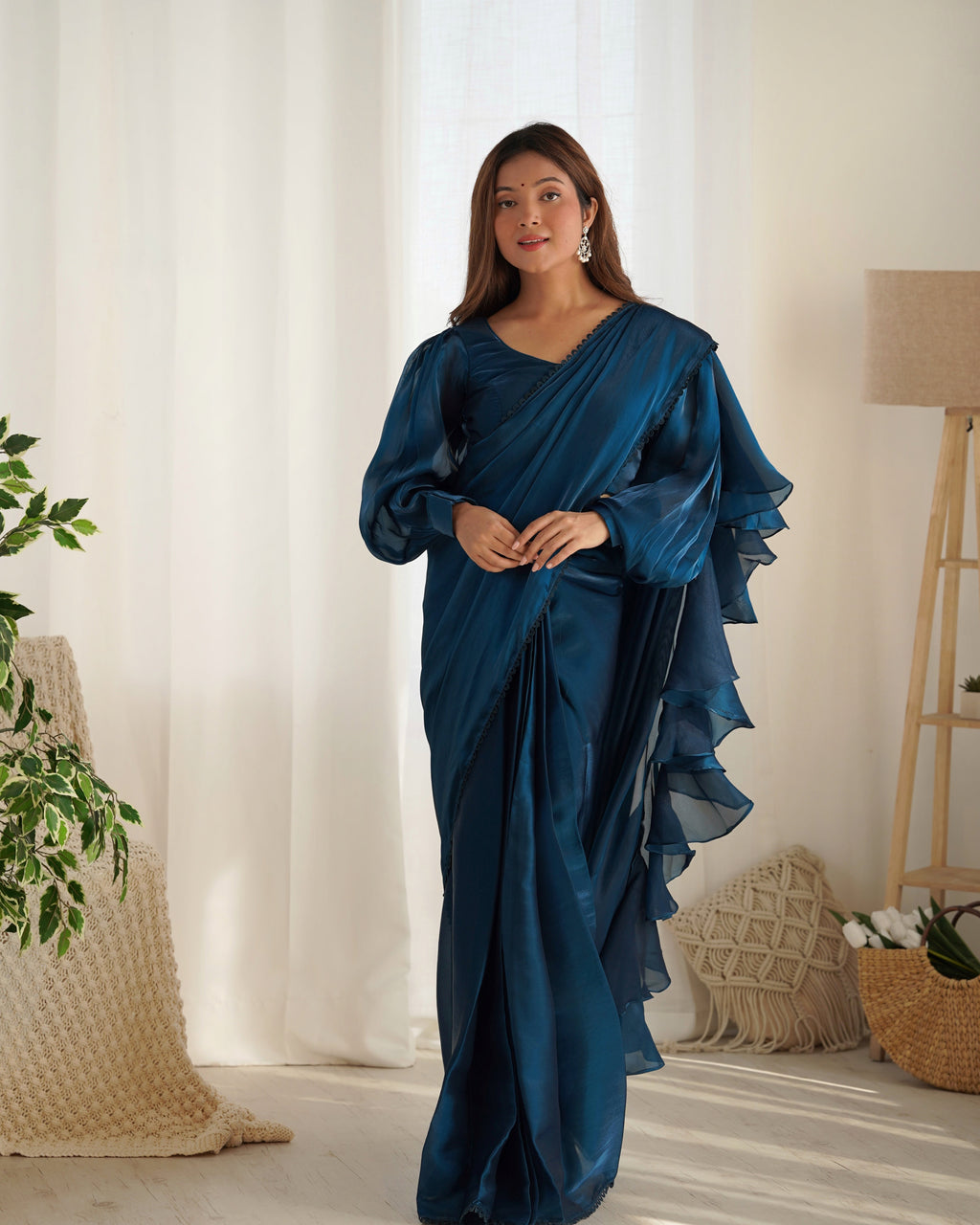 Lorenvalley Ready to wear Jimmy Choo Organza Fabric Border Lace Work Predrapped Saree